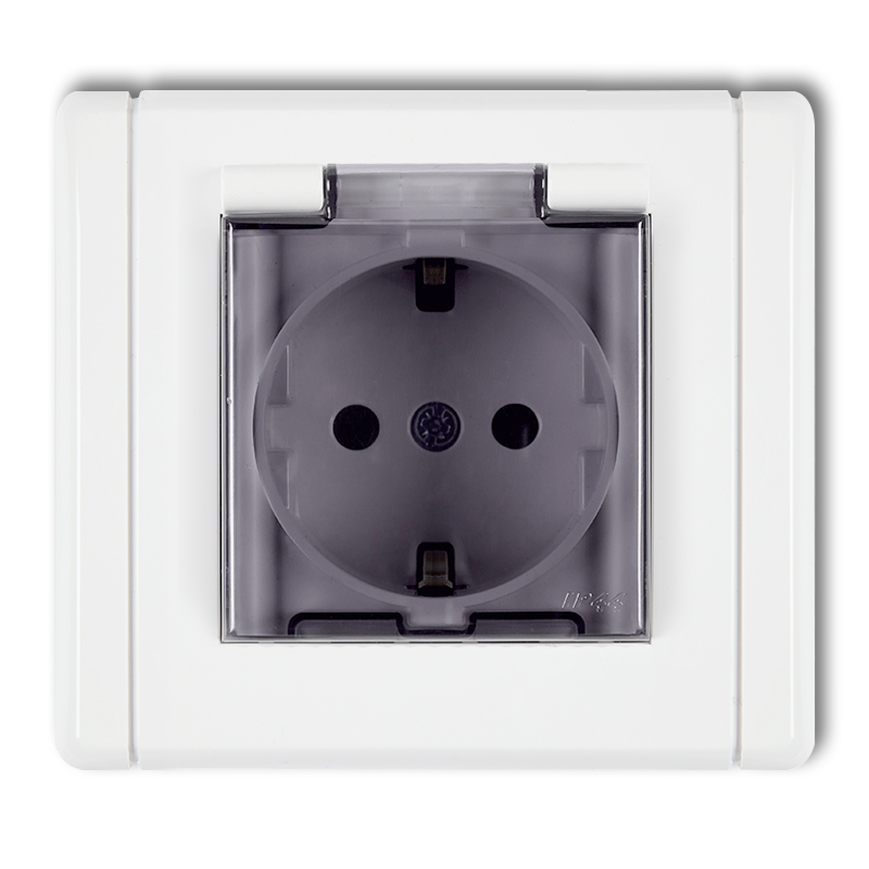 Splash proof socket with the 2P+Z earth SCHUKO (shaded transparent cover, with increased contact protection/shutter)