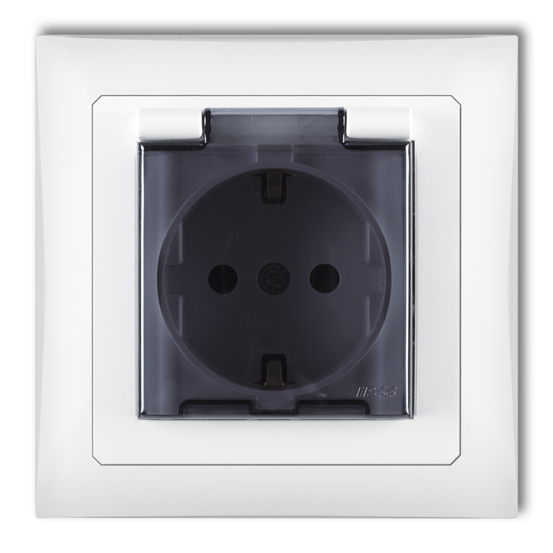 Splash proof socket with the 2P+Z earth SCHUKO (shaded transparent cover, with increased contact protection/shutter)