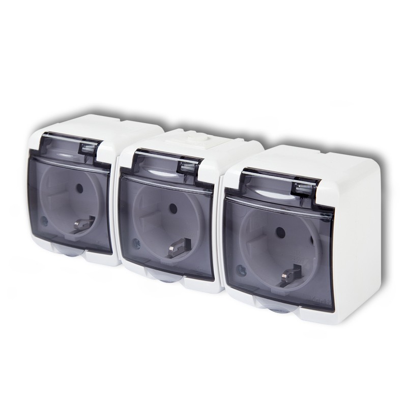 Triple socket with the 3x(2P+Z) earth SCHUKO (shaded transparent cover; without increased contact protection/shutter)