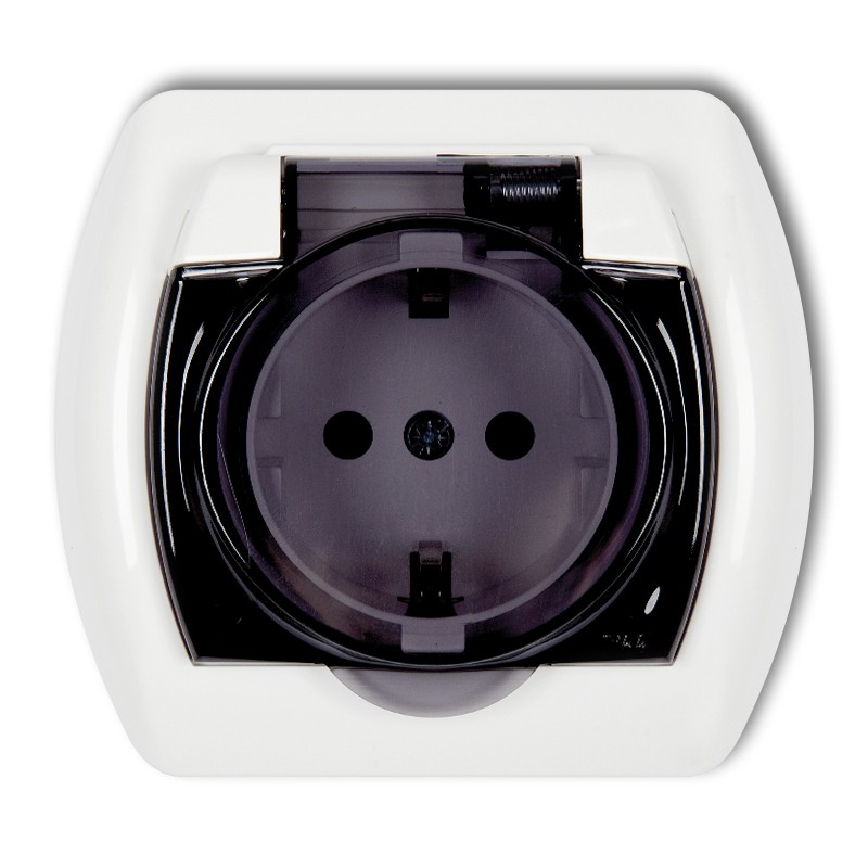 Splash proof socket with the 2P+Z earth SCHUKO (shaded transparent cover, with increased contact protection/shutter)