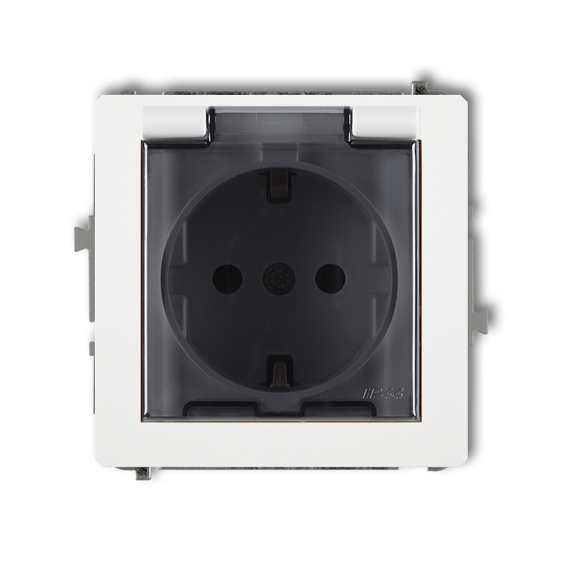 Splash proof socket with the 2P+Z earth SCHUKO (shaded transparent cover, with increased contact protection/shutter)