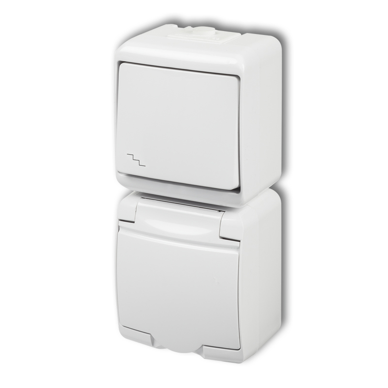 Two-way switch with single socket with the 2P+Z earth SCHUKO (white cover; with increased contact protection/shutter)