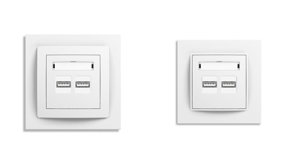 DECO - Ramka pojedyncza z tworzywa biała (DR-1) + mechanizm ładowarki USB podwójnej, 5V, 3.1A biały (DCUSB-6)
MINI - Ramka pojedyncza z tworzywa biała (MR-1) + mechanizm ładowarki USB podwójnej, 5V, 3.1A biały (MCUSB-6)